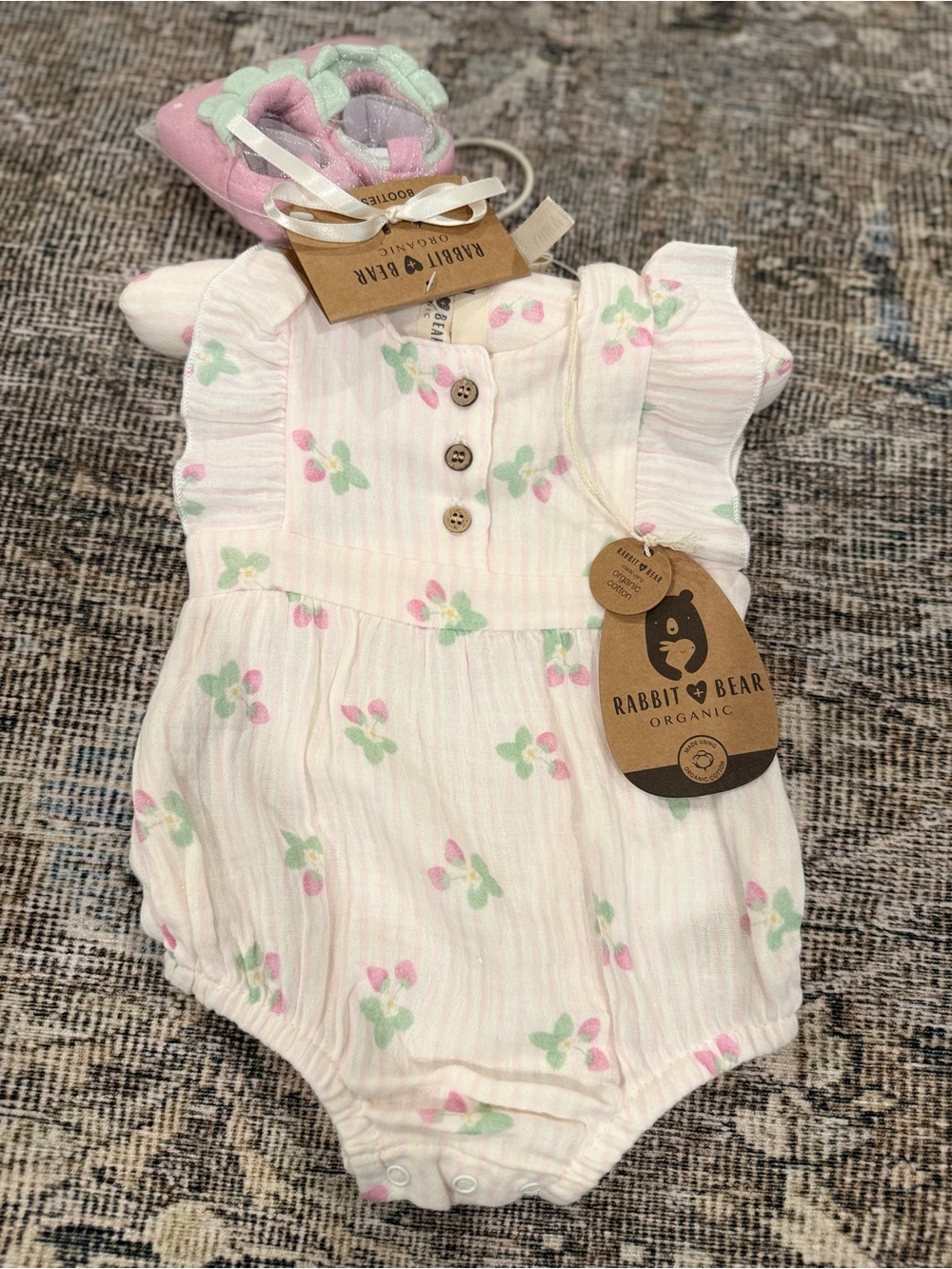 Rabbit & Bear Organic Pink Berry Baby Romper with Strawberry Booties - Picture 4 of 4
